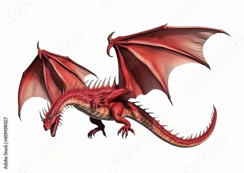 A red dragon in a flying pose on a white isolated background
