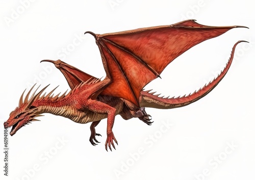 A red dragon in a flying pose on a white isolated background