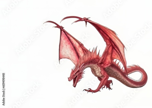 A red dragon in a flying pose on a white isolated background