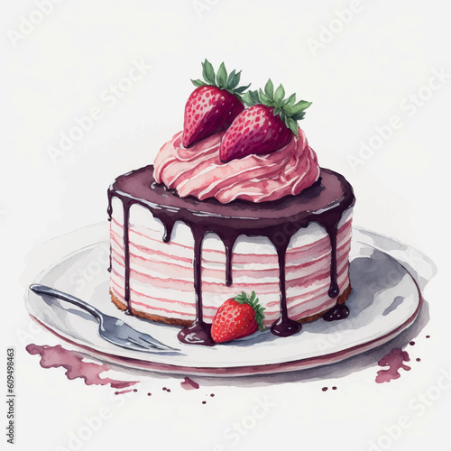 watercolor painting of chocolate cake with strawberry ice cream On white background