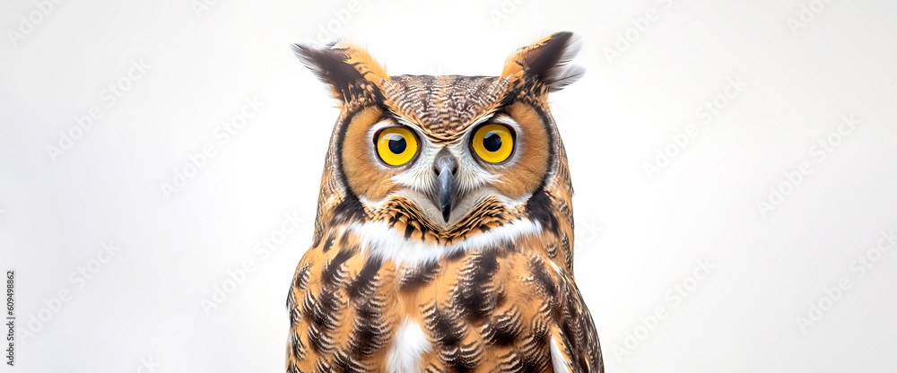 Great Horned Owl Portrait. Head and Piercing Eyes on a White Background. Striking Print for Poster Art. Generative AI. Great Horned Owl Portrait. Head and Piercing Eyes on a White Background. Striking Print for Poster Art. Generative AI.