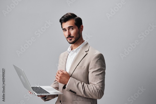 man computer smiling copyspace job laptop suit freelancer business isolated internet