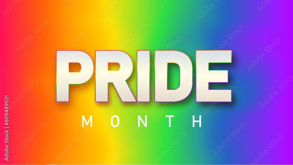 LGBTQ pride month. Pride text label on blurred rainbow background. Human rights or diversity concept. LGBT event banner design template.