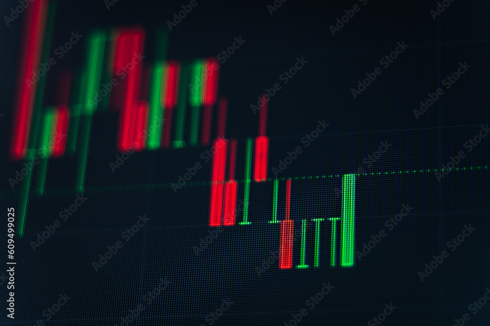Stock market chart. Chart of Japanese candlesticks. Stock quotes of stocks, bond indices or futures on a computer monitor or scoreboard in the form of digital Japanese candlesticks Stock market chart. Chart of Japanese candlesticks. Stock quotes of stocks, bond indices or futures on a computer monitor or scoreboard in the form of digital Japanese candlesticks