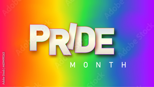 LGBTQ pride month. Pride text label on blurred rainbow background. Human rights or diversity concept. LGBT event banner design template.
