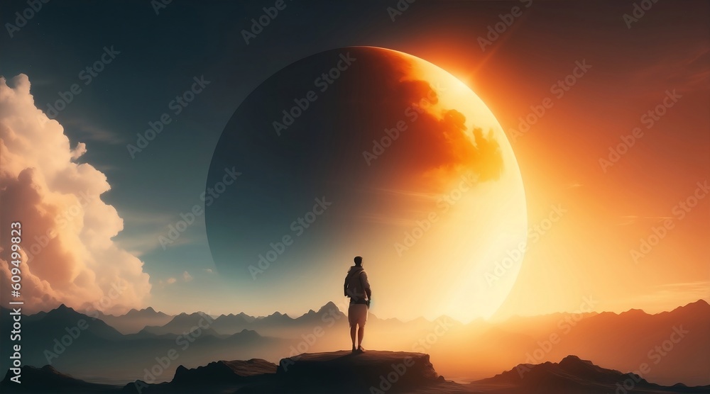 Person on the top of a mountain observing an astonishing eclipse