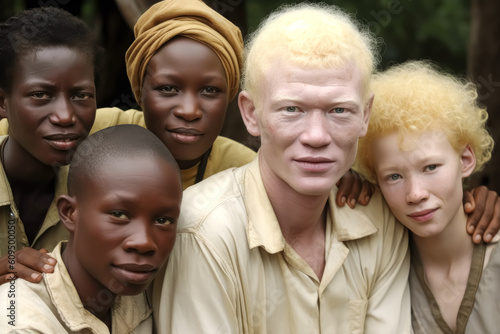 MULTIRACIAL GROUP. ALBINOS AND BLACK PEOPLE. AI ILLUSTRATION. COLOR. HORIZONTAL.