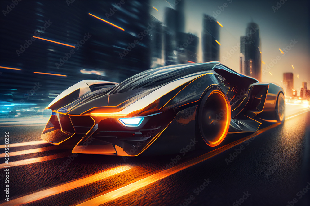 Tuned Sport Car , cyberpunk Sports Car On Neon Highway. Powerful acceleration of a supercar on a night track with colorful lights and trails. 3d render, neons, cybercity background. High quality