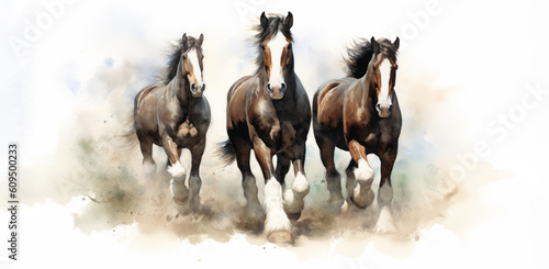 Watercolor Clydesdale Horses in Full Gallop.  Capture the Beauty with Stunning Print and Artful Poster.  Generative AI. photo
