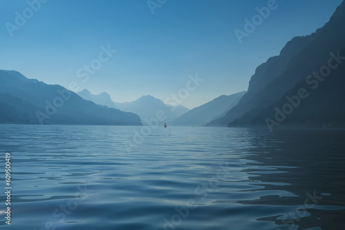 Beautiful view of Lake Walensee  Lake Walen or Lake Walenstadt  in canton St. Gallen and Glarus with a mountain range in the background. Switzerland  Europe