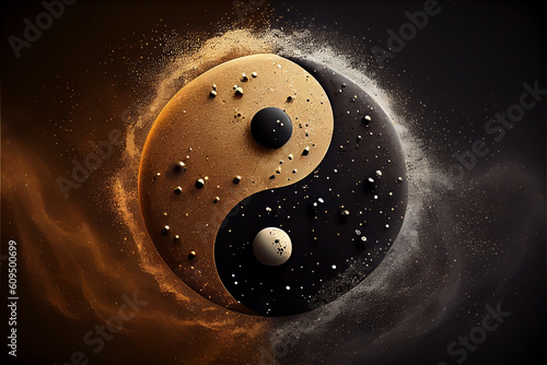 Yin yang on a black canvas. Golden and black yin yang symbol with floating powder. High quality illustration