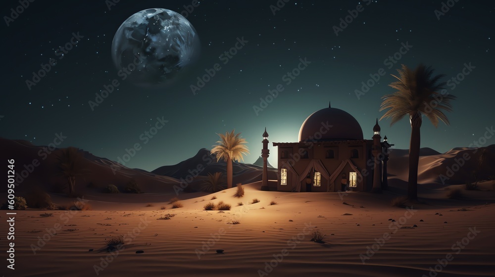 Mosque at ramadan night with light, illustration for product presentation template, copy space on dark background. Ai generative