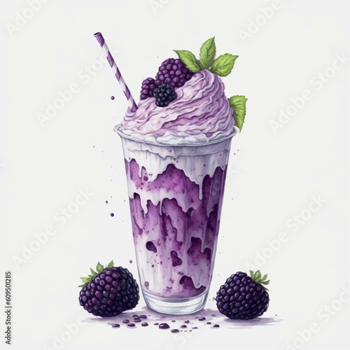 watercolor blackberry milkshake on halloween on white background