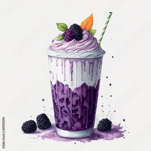 watercolor blackberry milkshake on halloween on white background