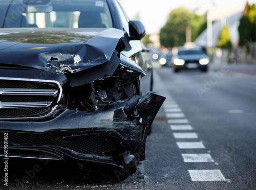 Obraz na płótnie new luxury car crashed and parked on the side of the road with a smashed front e