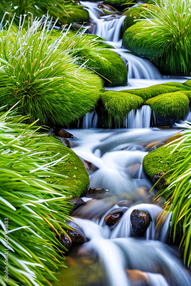 Obraz premium Melting ice and lush green grass, gentle spring rivers, and warm dazzling sunlight - Nature's renewal, rebirth, and beauty concept created with generative AI.