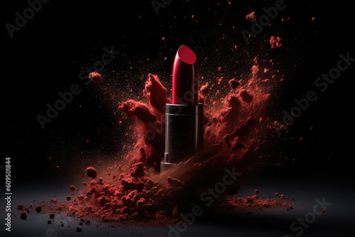 Creative commercial photo of lipstick red in a scattering of pigment in motion, isolated on a black background with copy space. Generative AI professional photo imitation.