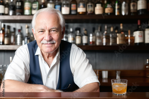Middle aged white man bartende smiling. Bartender, age, hospitality concept created with generative AI.