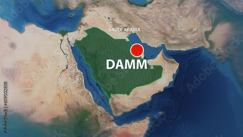 Designation of the borders of Japan on the map and the mark of the location of the city of Dammam photo
