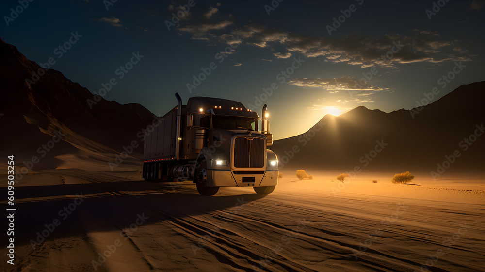 Truck on the highway at dawn. Generative AI. Truck on the highway at dawn. Generative AI.