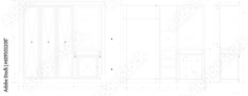 Vector illustration sketch of wardrobe for dresser in room detail with sizes.