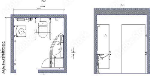 Vector sketch illustration of a floor plan of a disabled bathroom