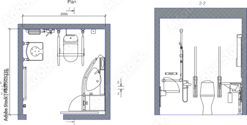 Vector sketch illustration of a floor plan of a disabled bathroom 