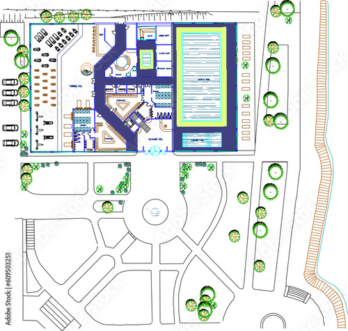 Vector sketch illustration of landscape floor plan of recreation building with park and large field