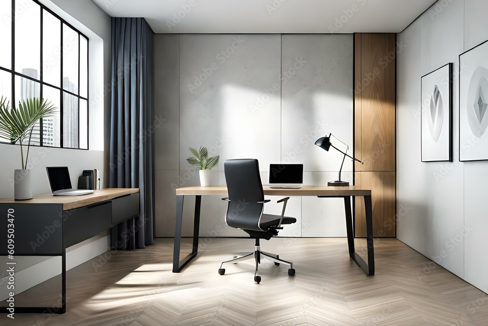 sleek and minimalist home office setup with a sleek desk, ergonomic ...