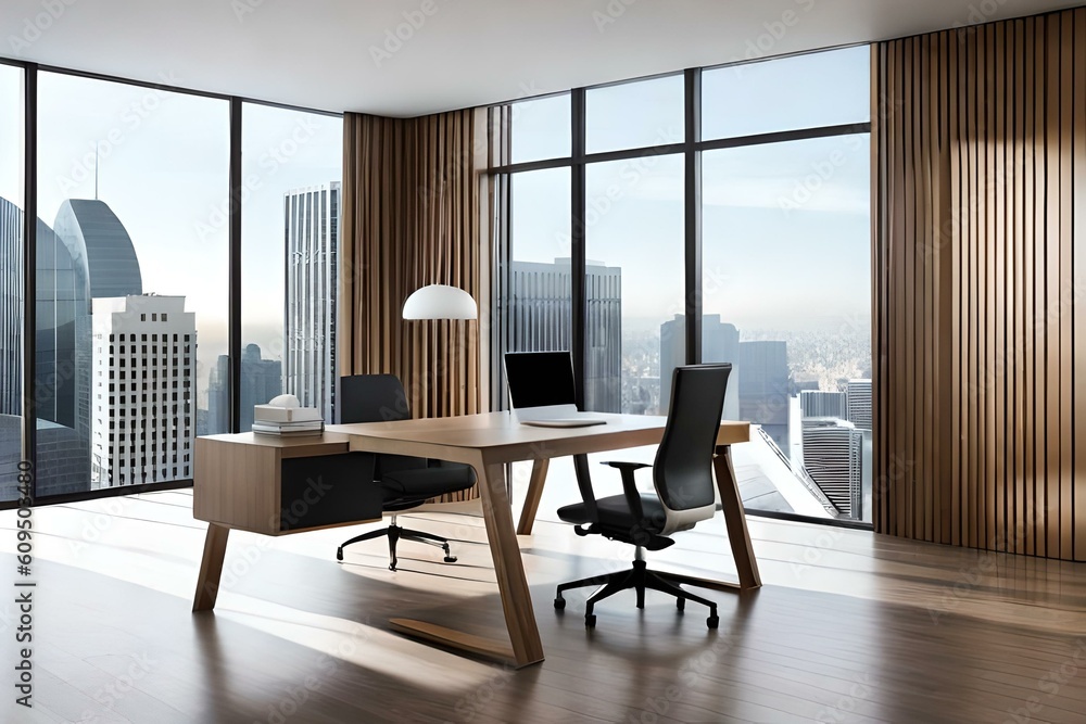 sleek and minimalist home office setup with a sleek desk, ergonomic chair, minimalist decor, and ample natural light, offering a functional and aesthetic workspace ,AI Generative sleek and minimalist home office setup with a sleek desk, ergonomic chair, minimalist decor, and ample natural light, offering a functional and aesthetic workspace ,AI Generative