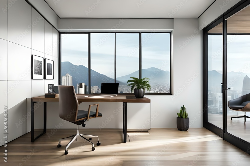 sleek and minimalist home office setup with a sleek desk, ergonomic chair, minimalist decor, and ample natural light, offering a functional and aesthetic workspace ,AI Generative sleek and minimalist home office setup with a sleek desk, ergonomic chair, minimalist decor, and ample natural light, offering a functional and aesthetic workspace ,AI Generative