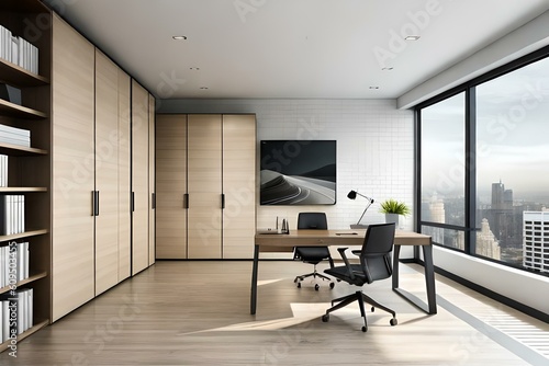 sleek and minimalist home office setup with a sleek desk, ergonomic chair, minimalist decor, and ample natural light, offering a functional and aesthetic workspace ,AI Generative