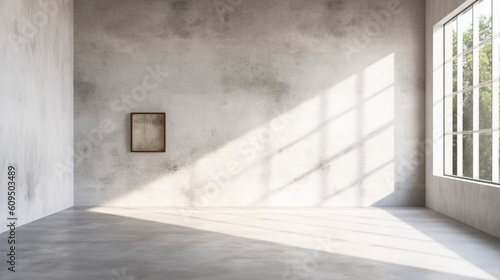 A empty concrete room with sunlight shining through a large window