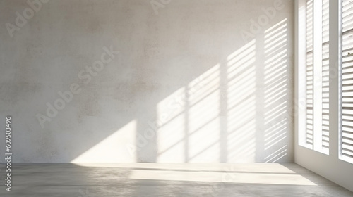 A empty concrete room with sunlight shining through a large window