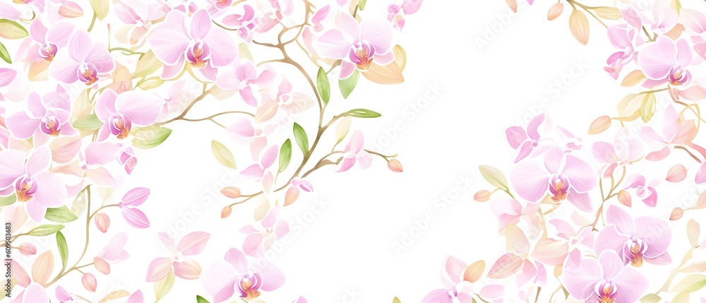 Greeting card frame border with watercolor flowers orchids and leaves. Tropical design for wedding stationary, background, postcard etc. Hand painting. Generative AI.