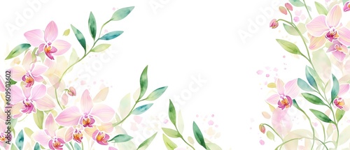 Greeting card frame border with watercolor flowers orchids and leaves. Tropical design for wedding stationary, background, postcard etc. Hand painting. Generative AI.