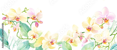 Greeting card frame border with watercolor flowers orchids and leaves. Tropical design for wedding stationary  background  postcard etc. Hand painting. Generative AI.