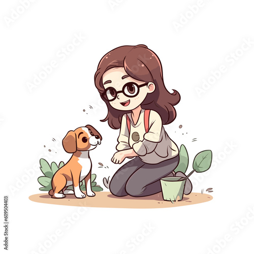 Girl teaching dog new tricks backyard chibi vector illustration