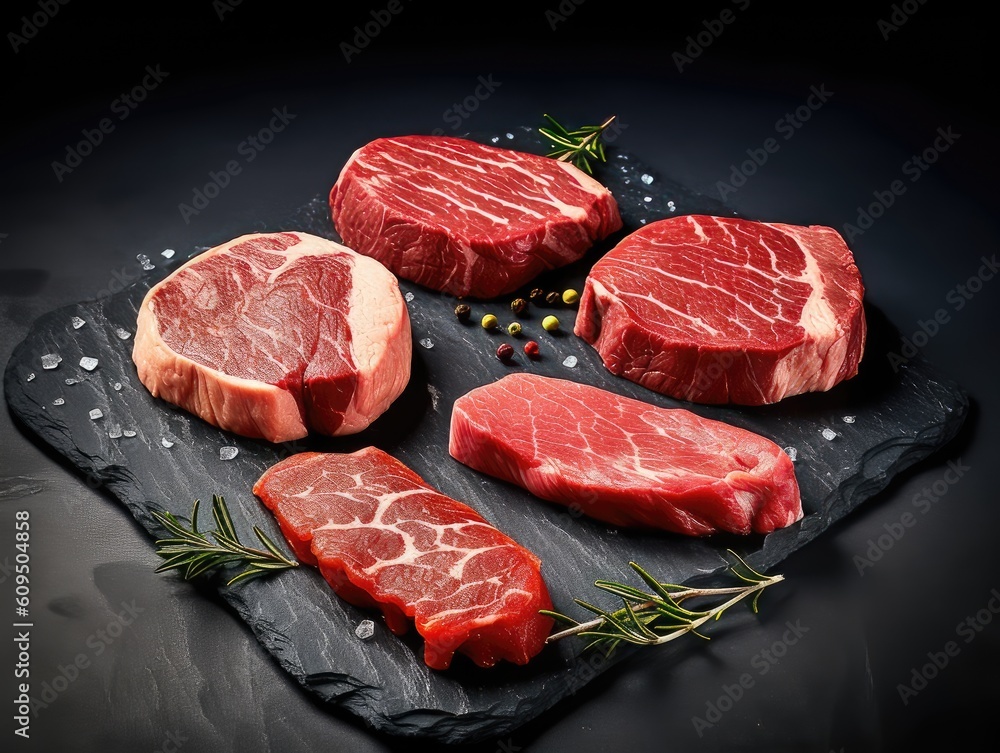 Various cuts of Beef Steak on a slate with scattered Pepperconrs.
