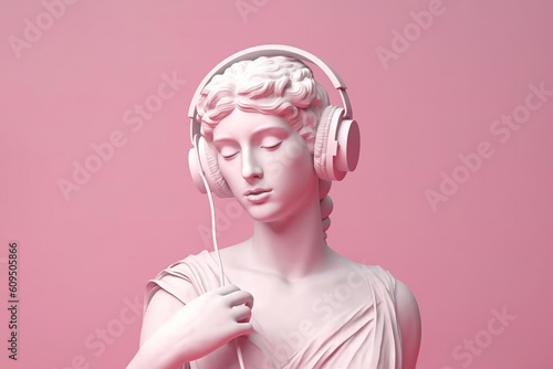 Antique bust of woman with headphones. AI generated image. photo