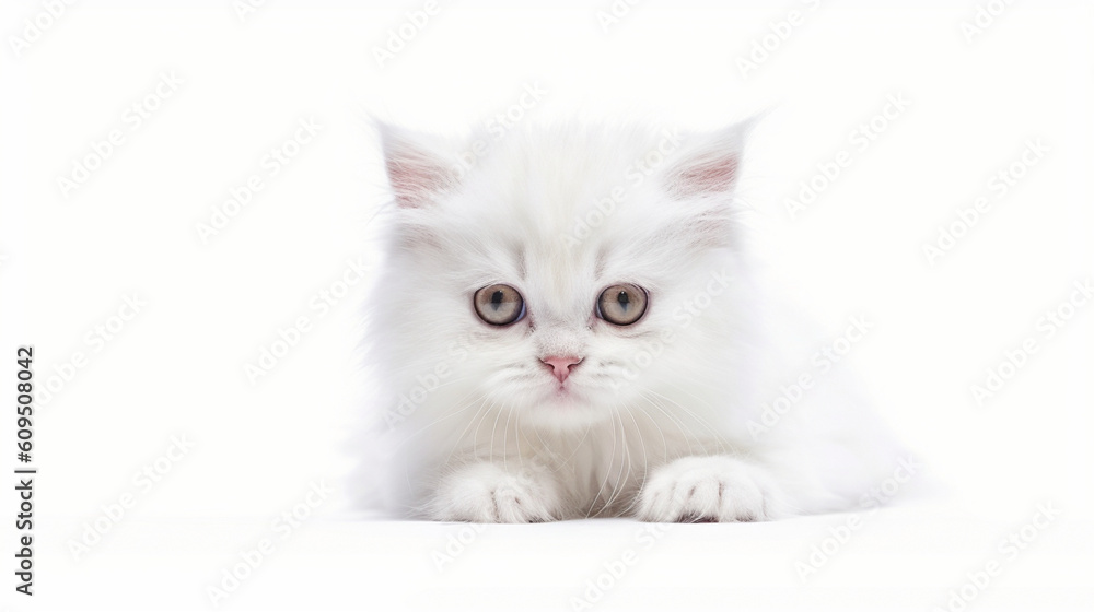 Adorable white cat on a white background in different poses. Cat for advertisement. Kitten with white background. Bottomless cat. AI generated image.