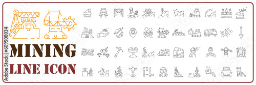 Mining line icon set. Extraction of minerals in the mine and surface, linear icons. Coal line with editable stroke