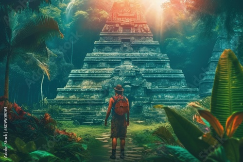 Archaeologist in front of Aztec temple in rainforest, Explorer with hat and backpack at temple entrance in forest, Generative AI