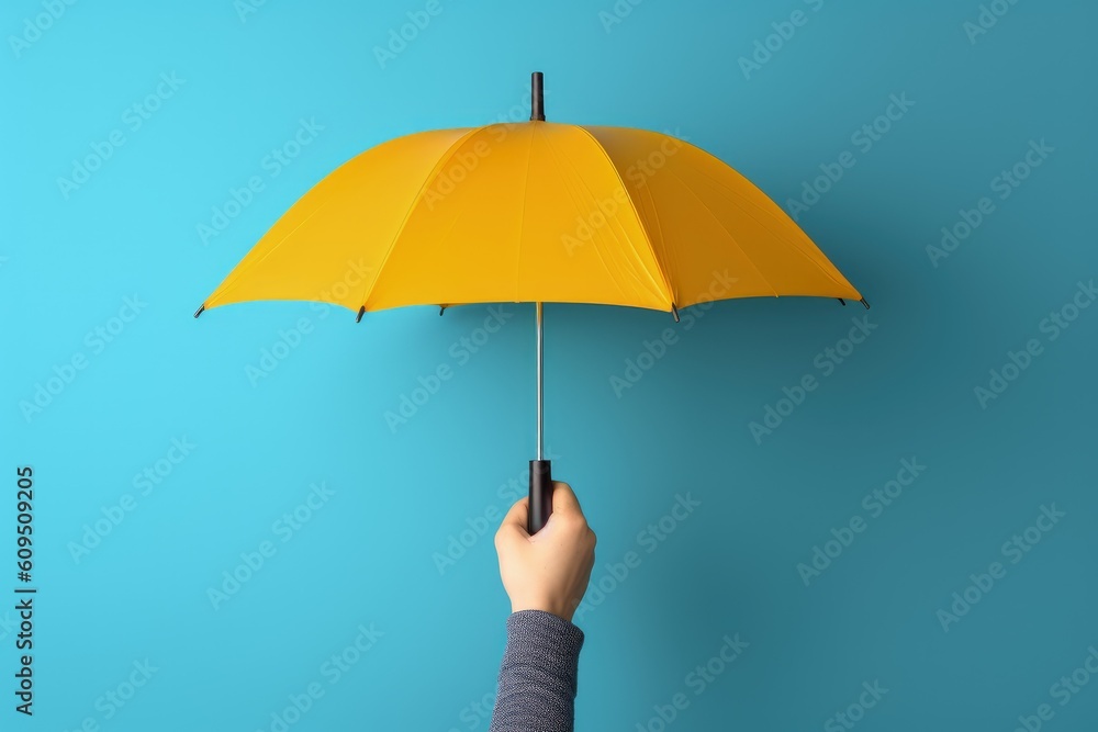 Hand holding yellow umbrella on blue background, Generative AI - obrazy, fototapety, plakaty 