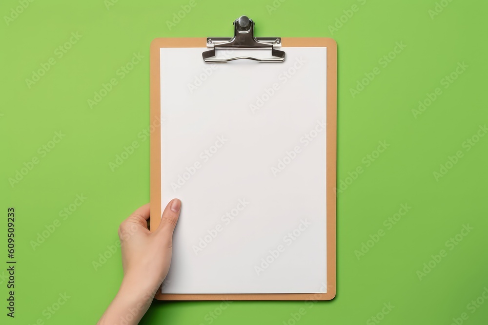 Hand holding clipboard with white sheet on green background, blank clipboard, Generative AI Hand holding clipboard with white sheet on green background, blank clipboard, Generative AI