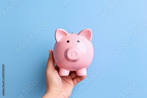 Hand holding piggy bank isolated on blue background, Generative AI