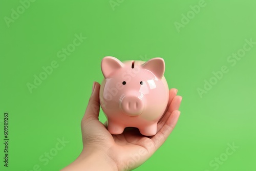 Hand holding piggy bank isolated on green background, Generative AI photo
