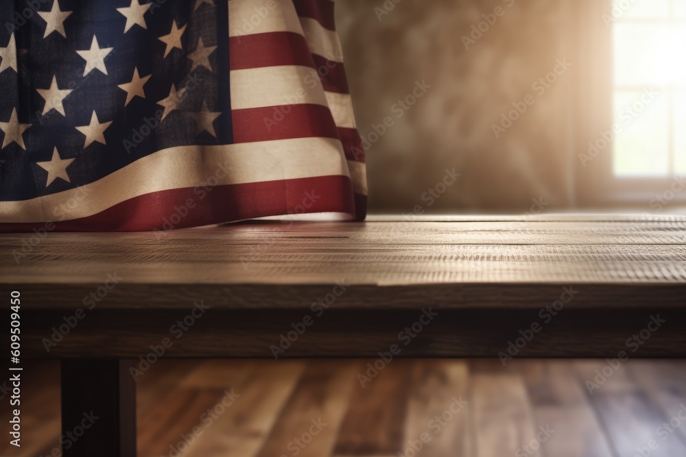 Close-up view of wooden table with US flag in the background, Generative AI Close-up view of wooden table with US flag in the background, Generative AI