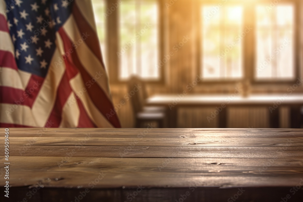 Close-up view of wooden table with US flag in the background, Generative AI Close-up view of wooden table with US flag in the background, Generative AI