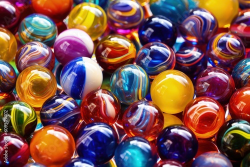 Close-up view of colorful marbles, colored toy marbles, Generative AI 